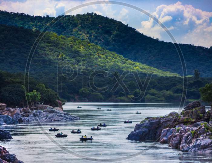 View of Hills and the Boat ride at Hogenakkal Water falls