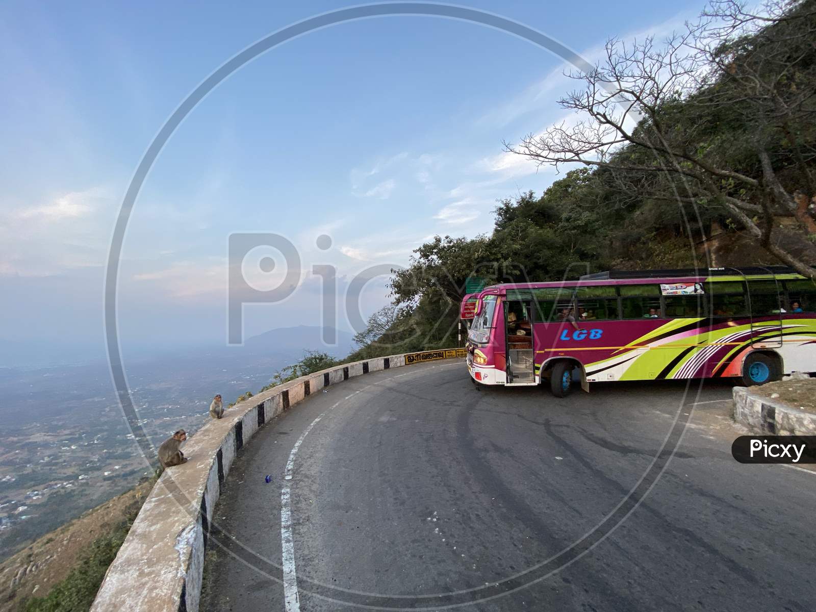 A Travel bus taking a turn on the  Yelagiri ghat road Hairpin curve