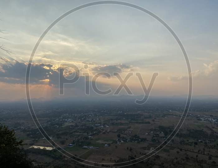 Aerial view of sunset sky over the city