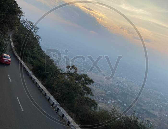 Aerial view of ghat road during sunset