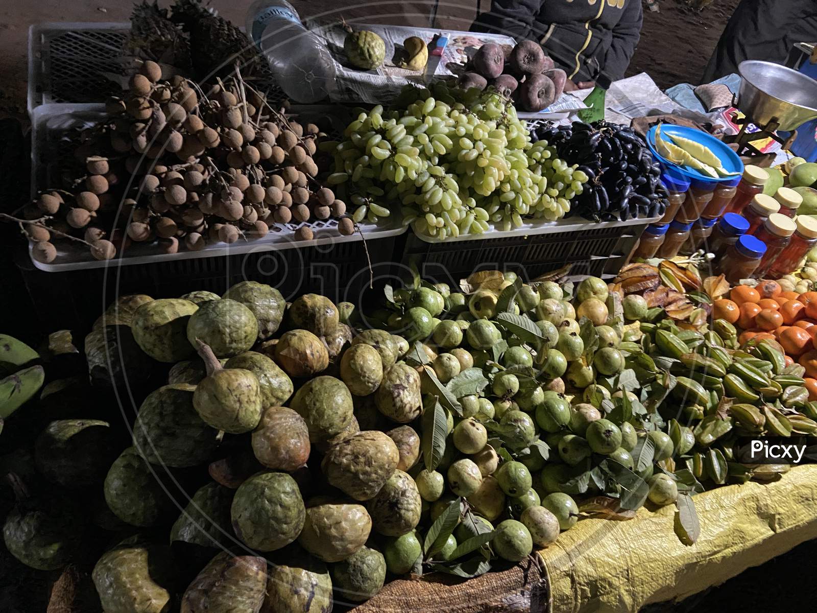 A local Fruit stall with Ramaphalam and other fruits.
