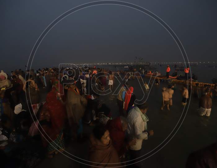 Crowd Of Hindu Devotees At Triveni Sangam River Bank  In Prayagraj  During Magh Mela 2020