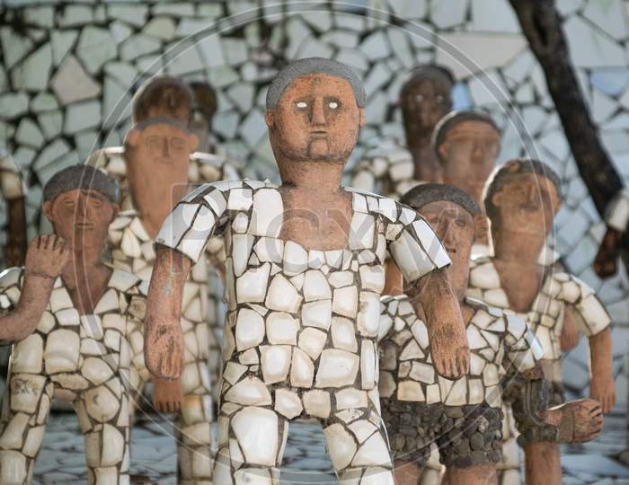 sculptures made of broken tiles at rock garden chandigarh