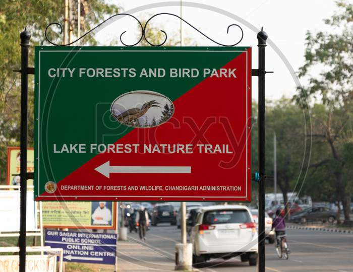 city forest and bird park and lake forest nature trail sign board in chandigarh
