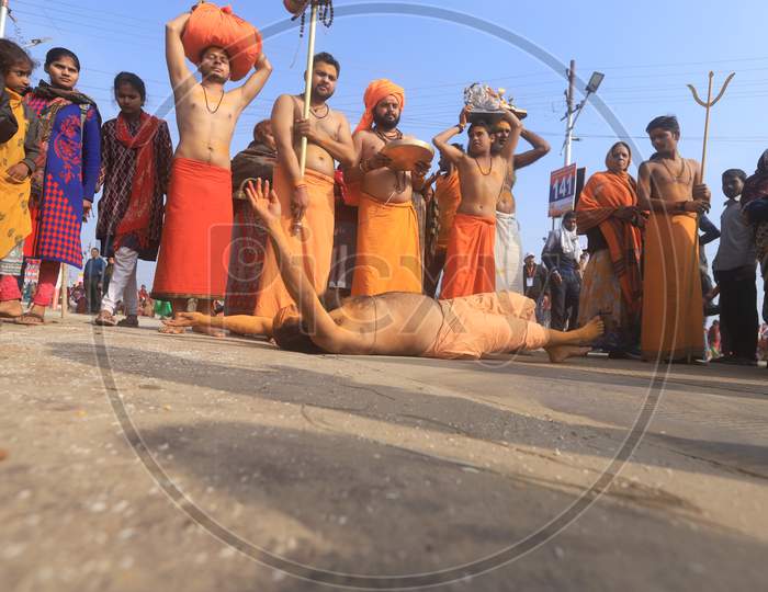 Aghori Or Baba Performing Pooja During  Magh Mela 2020