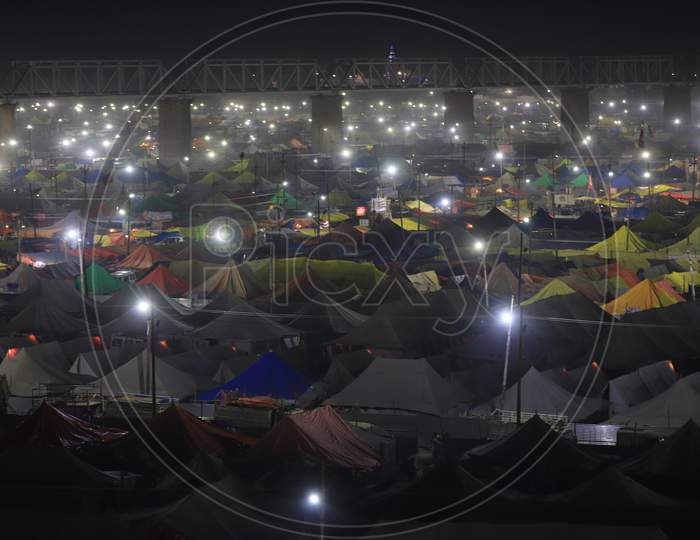 Tents Arranged For Sadhus And Devotees At Triveni Sangam River Bank In  Prayagraj During Magh Mela 2020