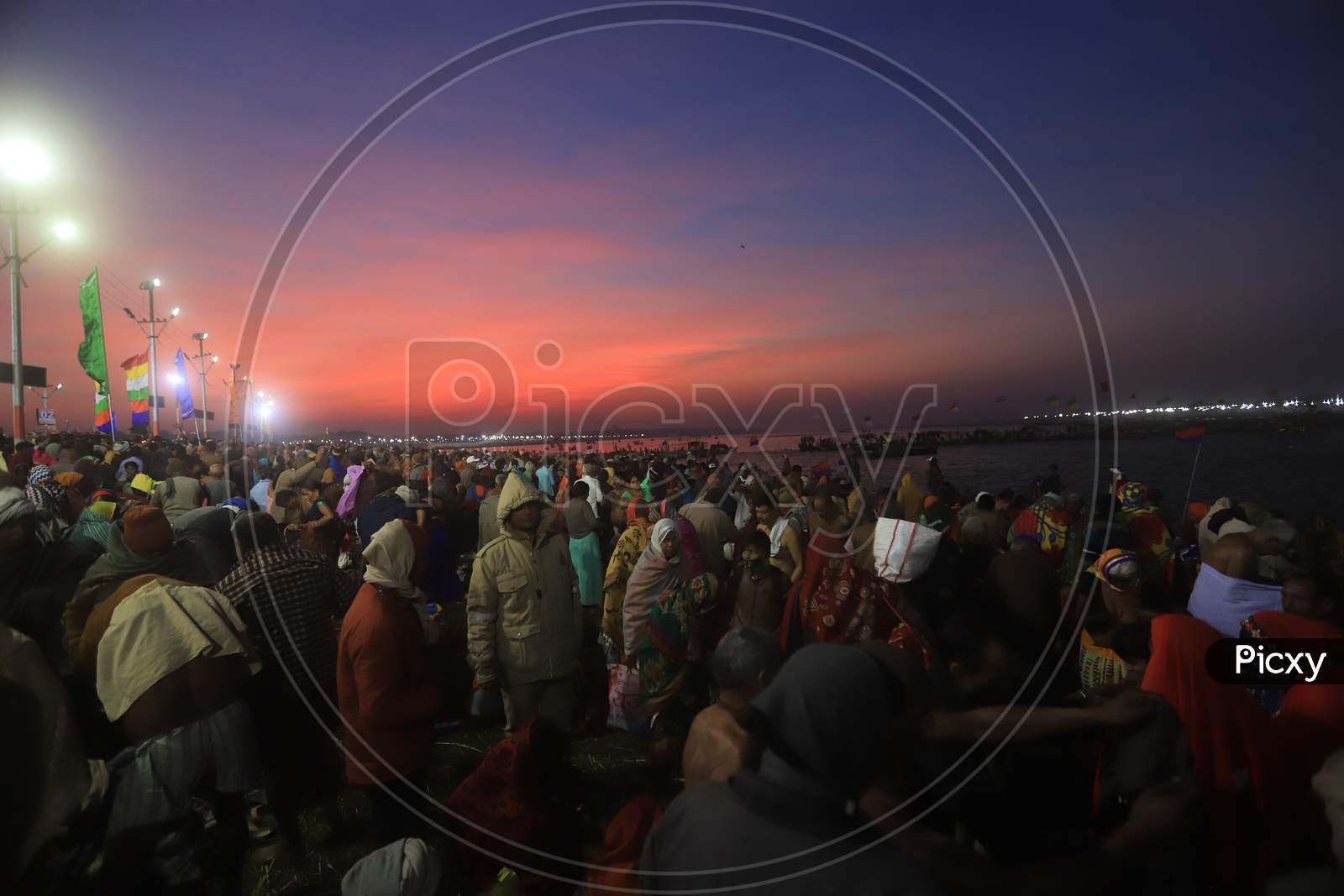 Crowd Of Hindu Devotees At Triveni Sangam River Bank  During Magh Mela 2020 in Prayagraj