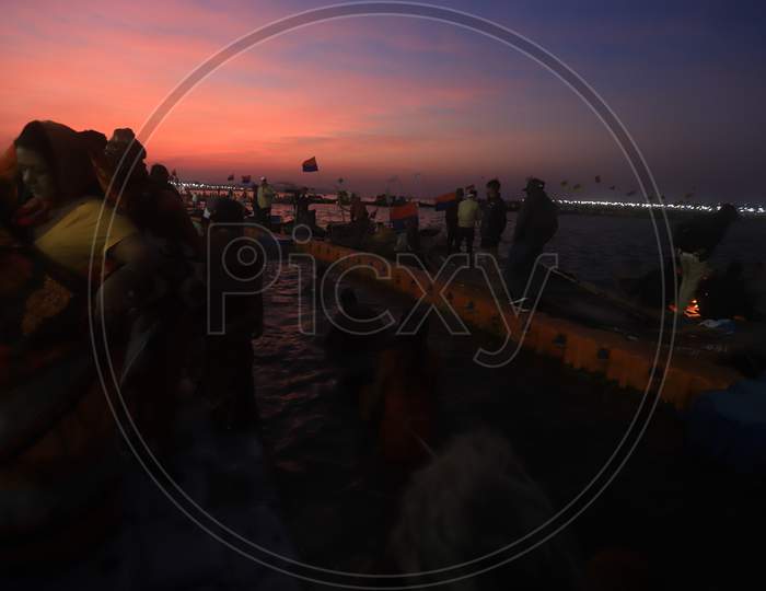 Crowd of Hindu Devotees Taking Holy Bath In Triveni Sangam River At Prayagraj During Magh Mela 2020