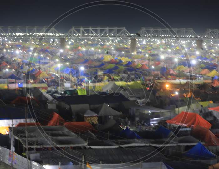 Tents Arranged For Devotees And Naga Sadhus On The Bank Of River Triveni Sangam At Prayagraj During Magh Mela 2020