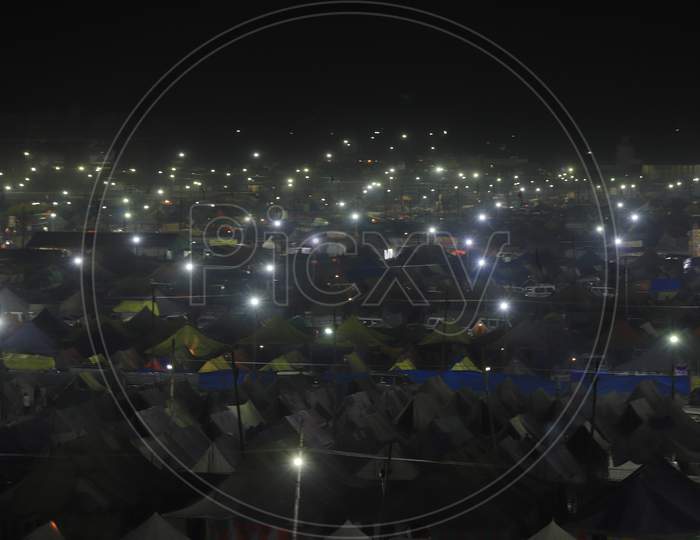Tents Arranged For Devotees And Naga Sadhus On The Bank Of River Triveni Sangam At Prayagraj During Magh Mela 2020