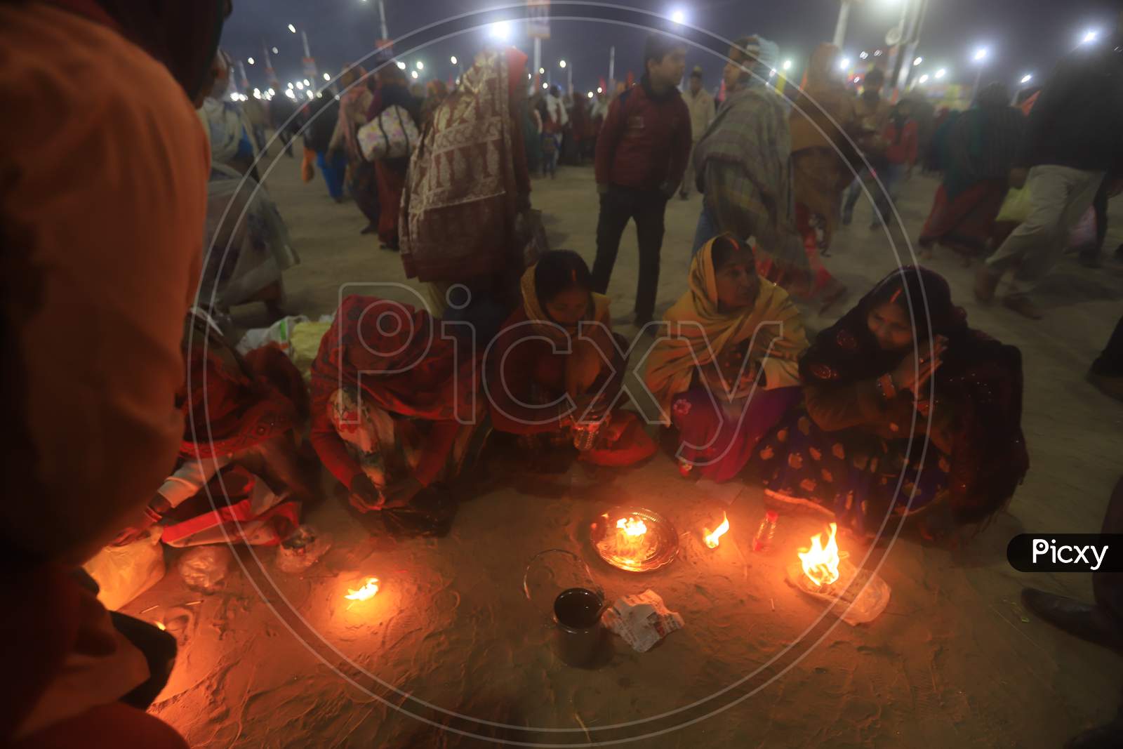 Crowd Of Hindu Devotees At Triveni Sangam River Bank  During Magh Mela 2020 in Prayagraj
