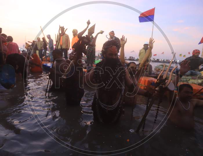 Naga Sadhu Or Baba Taking Holy Bath In Triveni Sangam River At Prayagraj During Magh Mela 2020