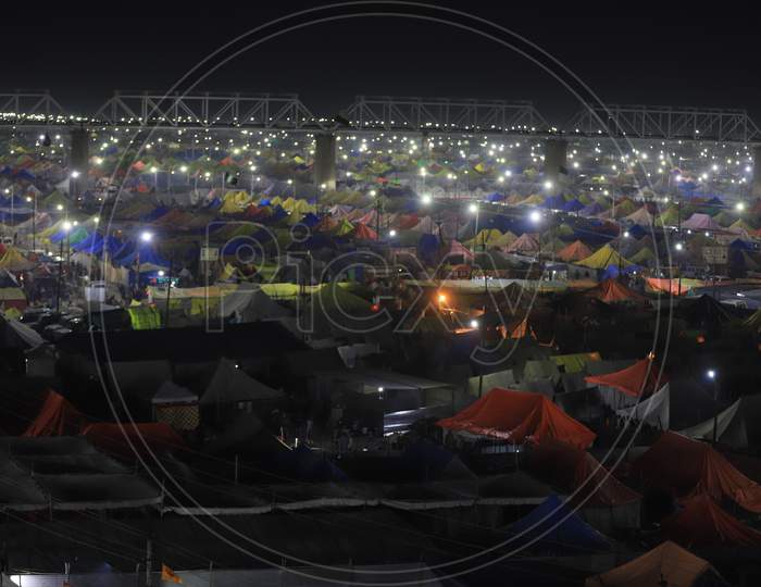 Tents Arranged For Sadhus And Devotees At Triveni Sangam River Bank In  Prayagraj During Magh Mela 2020