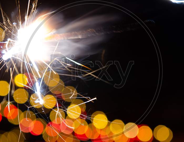 Diwali Crackers With LED Light Bokeh Background