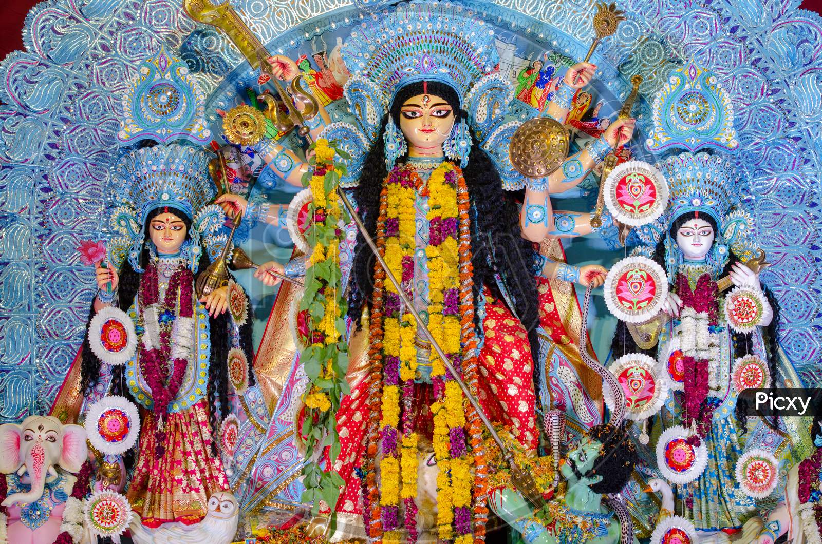 Goddess Durga Matha Idols In Mandapas During  Durga Navrathri Festival As a Part Of Dussehera