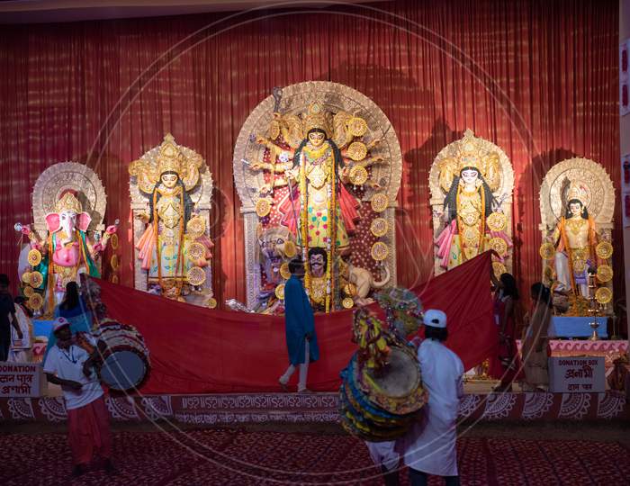 Indian Drum Artists Playing Drums Or Dol At Mandapas Of Goddess Durga During Dussera