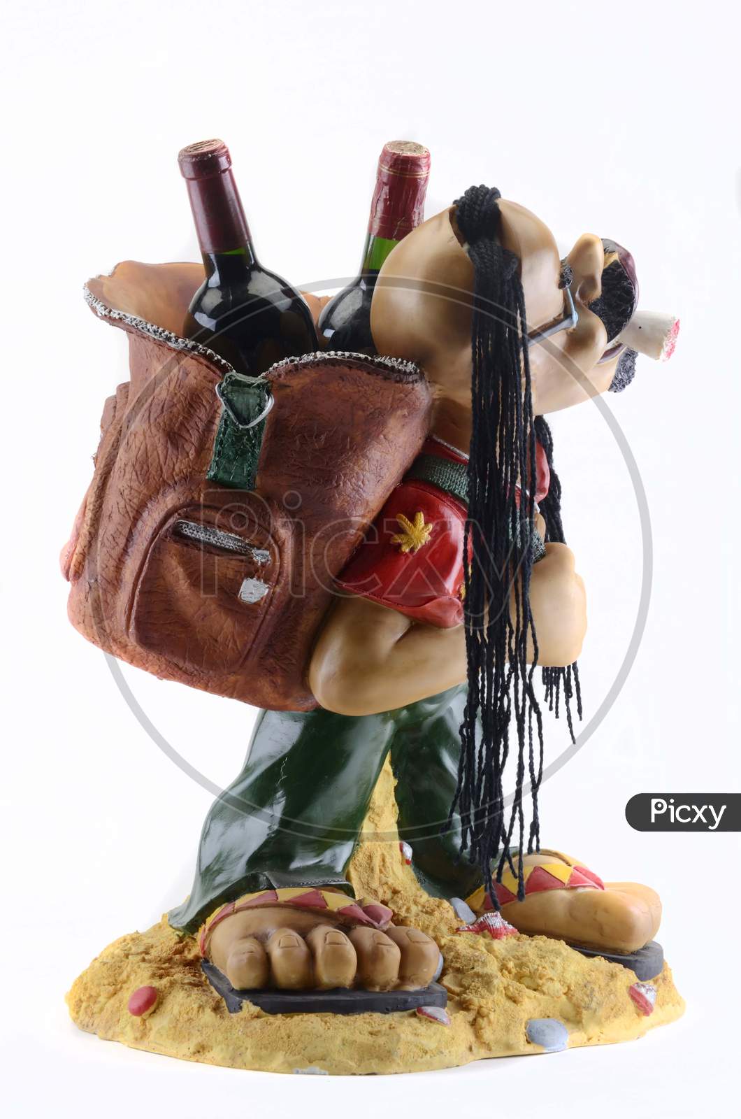 Action Figure Or Toy of a Man Carrying Wine Bottles In Backpack  Over an Isolated White Background