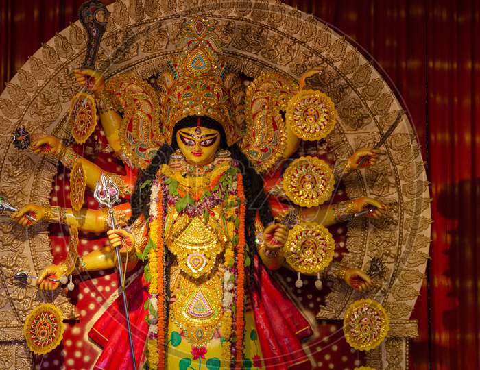 Indian Hindu Goddess Durga Devi Statue with garlands
