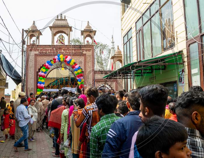 Devotees in a queue outside Saketri Shiv Mandir on the day of Maha Shivratri, Panchkula haryana