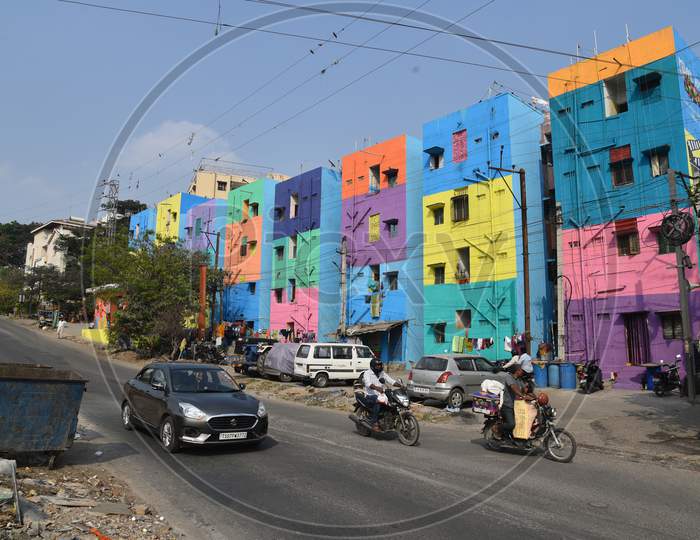 Colourful Paintings on resident buildings in a Slum at Film Nagar,Hyderabad by MISAAL HYDERABAD