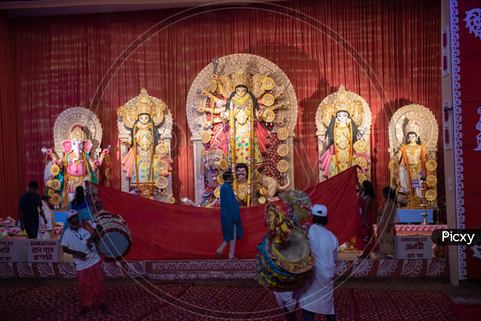 Indian Drum Artists Playing Drums Or Dol At Mandapas Of Goddess Durga During Dussera