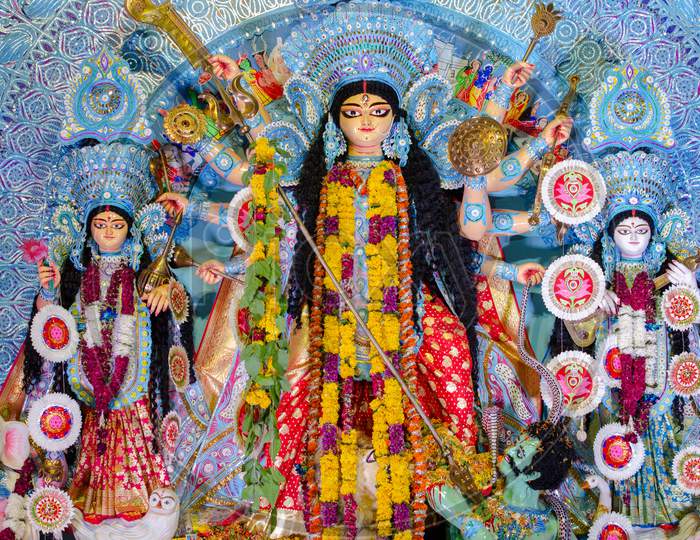 Goddess Durga Matha Idols In Mandapas During  Durga Navrathri Festival As a Part Of Dussehera