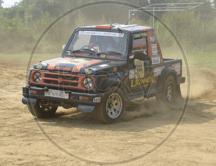 View of a off road vehicle drifting