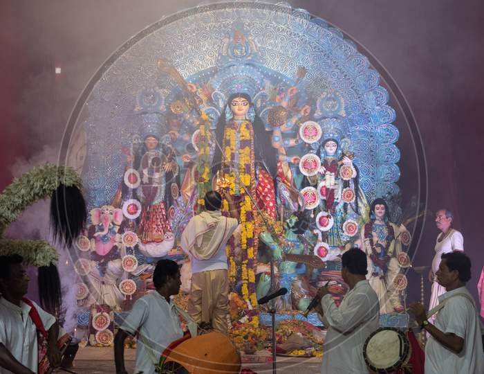 Indian Drummers playing during Durga Puja