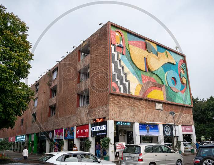 Shops in a building and art made on it at sector 17 market or city centre chandigarh