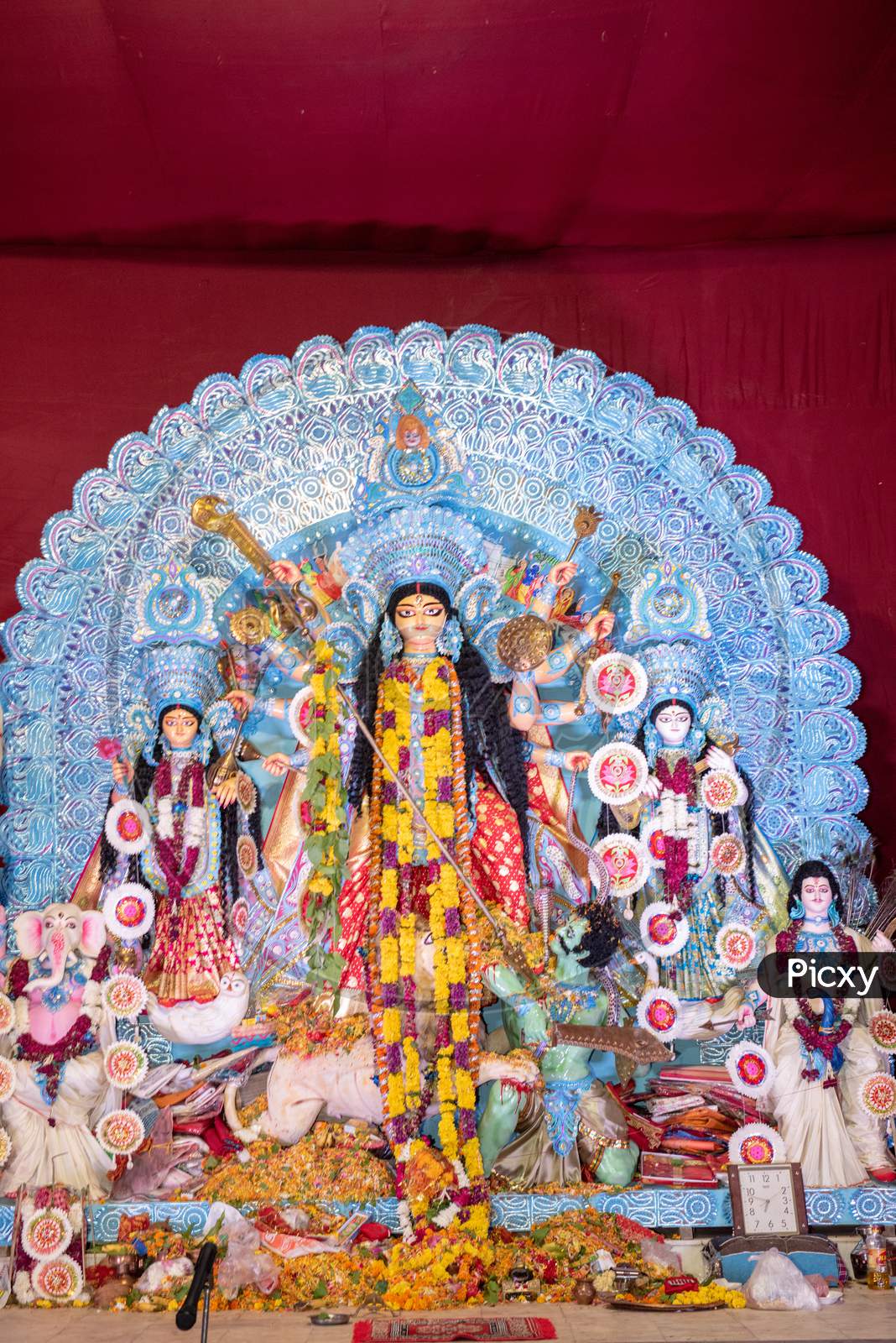 Decorated Indian Hindu Goddess Durga Devi Statue during puja