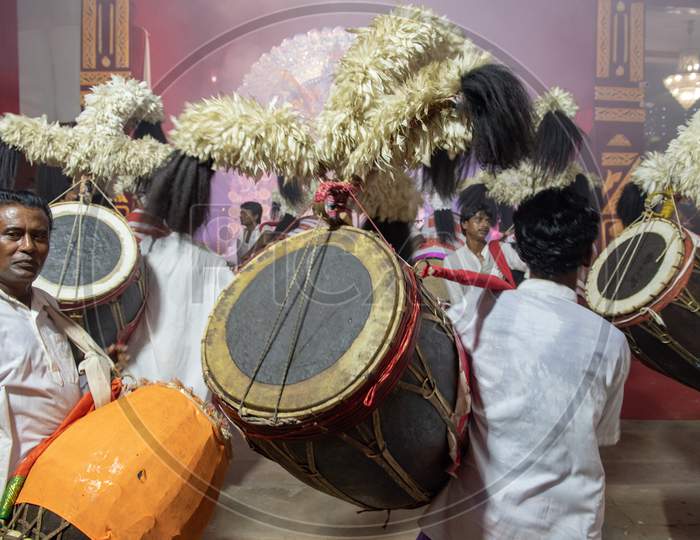 Indian musician Dholak during Durga puja