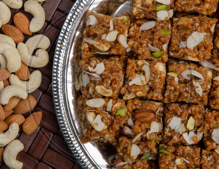 Indian Traditional Sweet  or Savory  Kova Or Condensed Milk Cake  With Dry Nuts Toppings