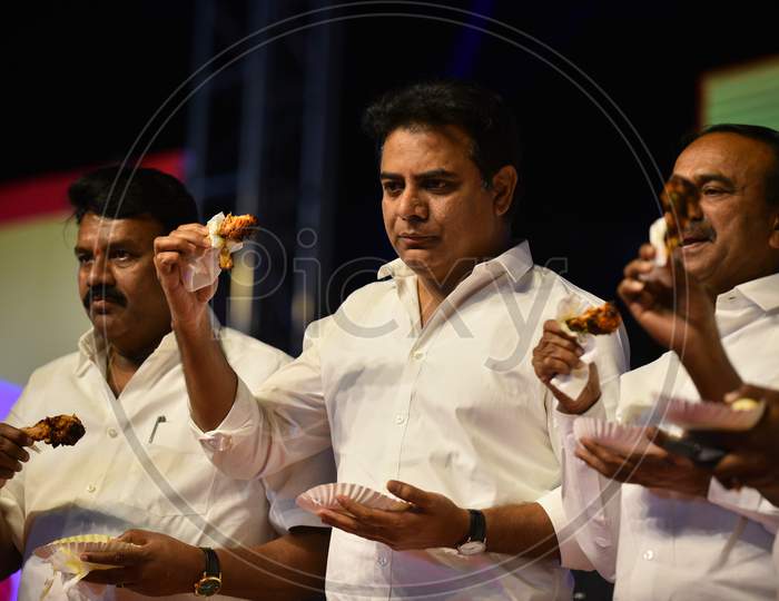 Telangana Cabinet Ministers, KTR, Etela Rajender, V Srinivas Goud and Talasani Srinivas Yadav eating chicken in a Public Meeting