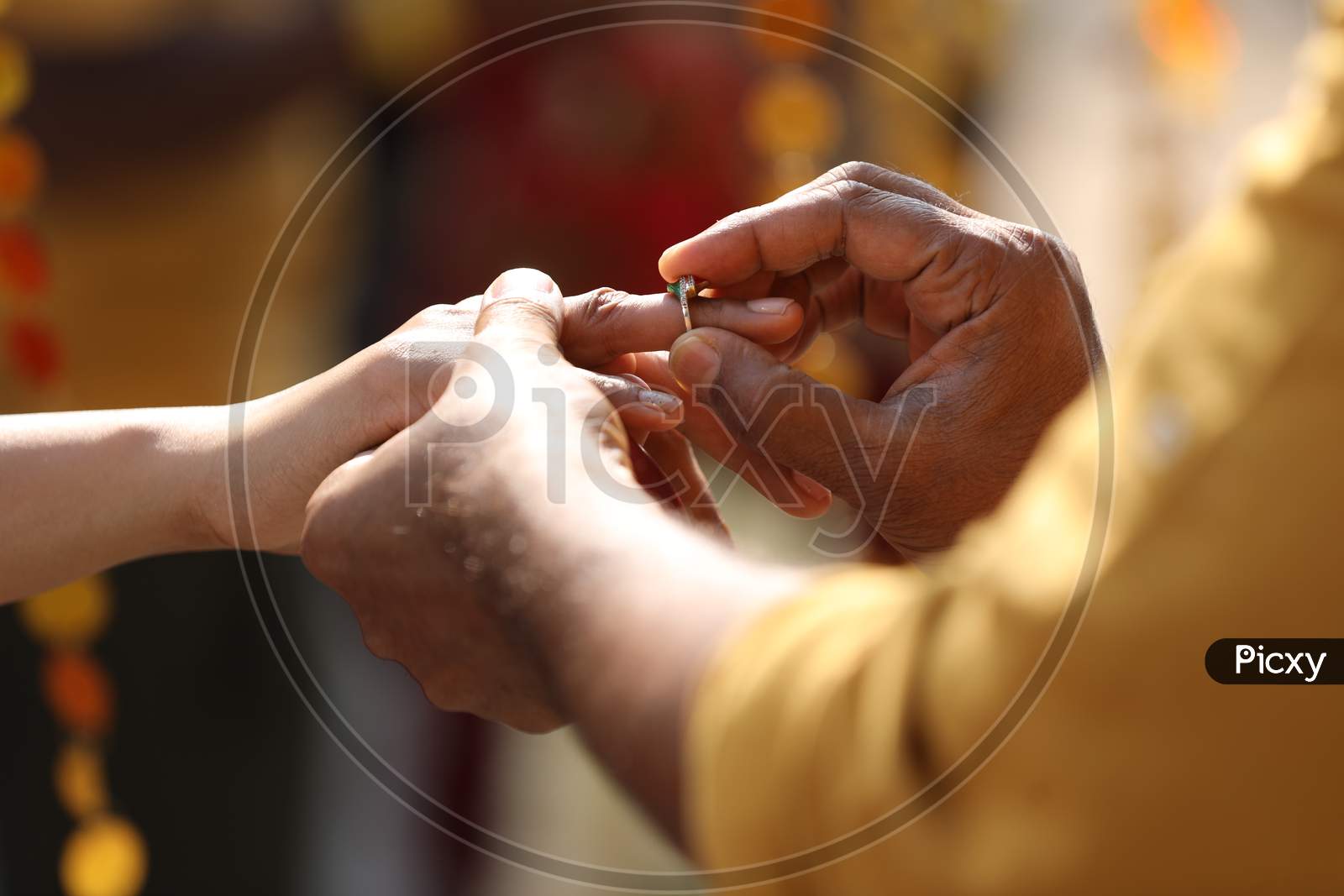 Couple Exchanging Couple Rings Hands Closeup