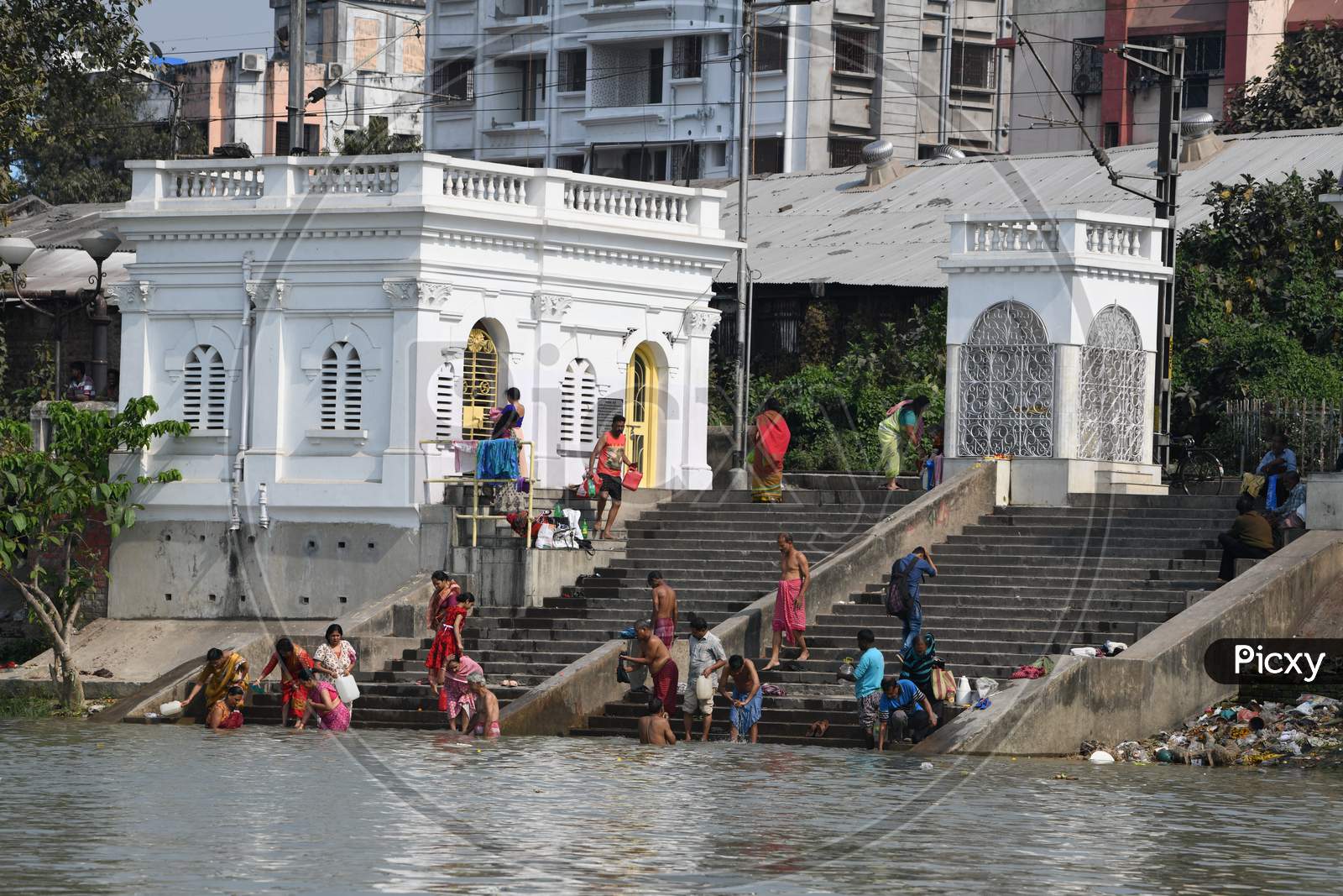 People Bathing On The Bank Of Hooghly River  At Annapurna Ghat In Kolkata