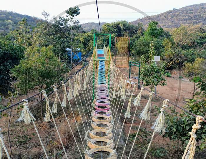 Adventure Activity Tyre Bridge at Mayuri Eco park Mahabubnagar Telangana India