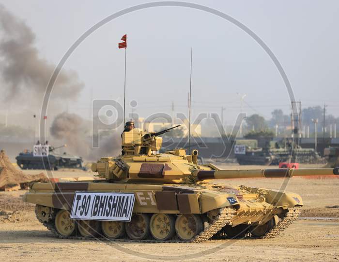 T-90  Bhishma Miltary Artillery Tank in Defence Expo Event DefExpo 2020 in Lucknow, Uttar Pradesh