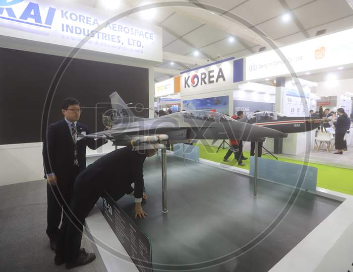 Fighter Jet Models In Display by Korea Aerospace Industries Limited  KAI  At  Defence  Expo a Flagship Event DefExpo 2020 By Ministry Of Defence ,Government Of India At Lucknow, Uttar Pradesh
