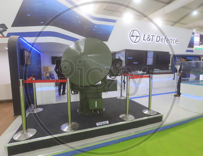Stalls With Missiles And Communication Models By L&T Defence  in Display At Defence  Expo a Flagship Event DefExpo 2020 By Ministry Of Defence ,Government Of India At Lucknow, Uttar Pradesh