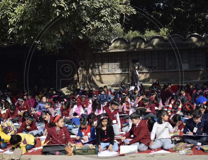 View of students of  Shantiniketan World School, Delhi during drawing class