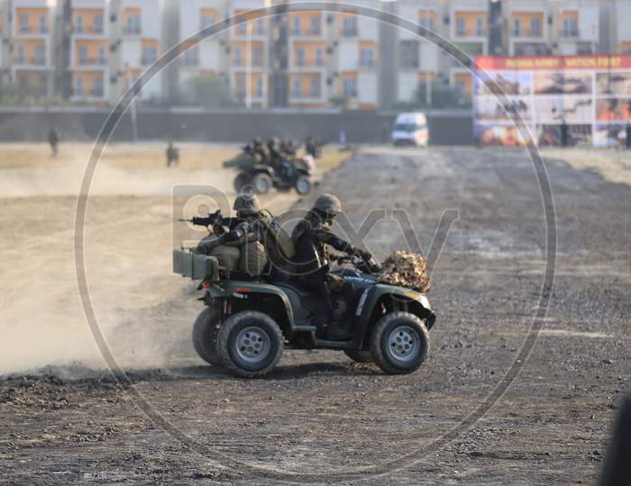 Indian Army  Soldiers Demonstrating on Quad Bike at Defence Expo  2020