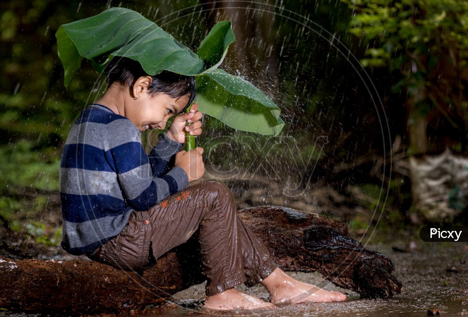 A boy enjoying rain in Kerala