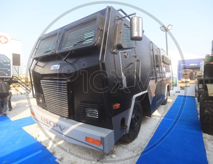 Military Armored Car in Display At   Defence  Expo a Flagship Event DefExpo 2020 By Ministry Of Defence ,Government Of India At Lucknow, Uttar Pradesh