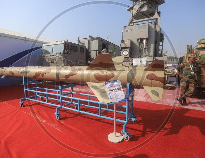 Indian Military Missiles In Display At Defence  Expo a Flagship Event DefExpo 2020 By Ministry Of Defence ,Government Of India At Lucknow, Uttar Pradesh