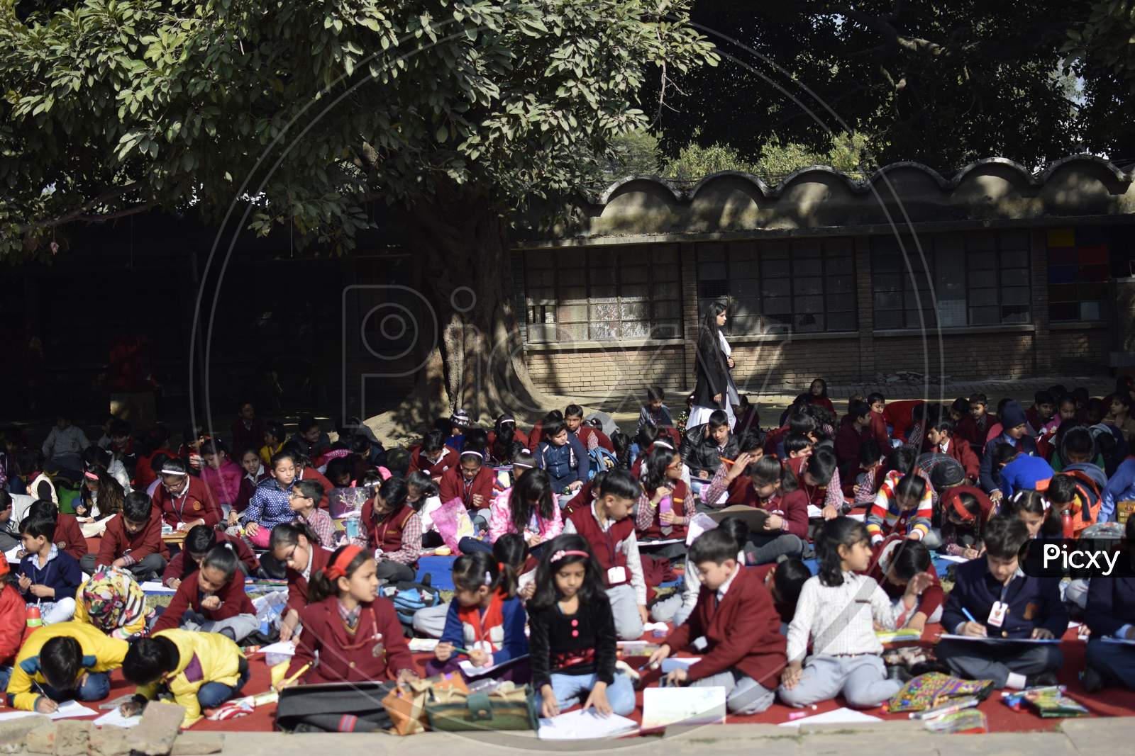 View of students of  Shantiniketan World School, Delhi during drawing class