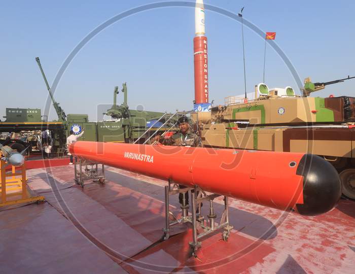 Varunastra  Missile In Display at  Defence  Expo a Flagship Event DefExpo 2020 By Ministry Of Defence ,Government Of India At Lucknow, Uttar Pradesh
