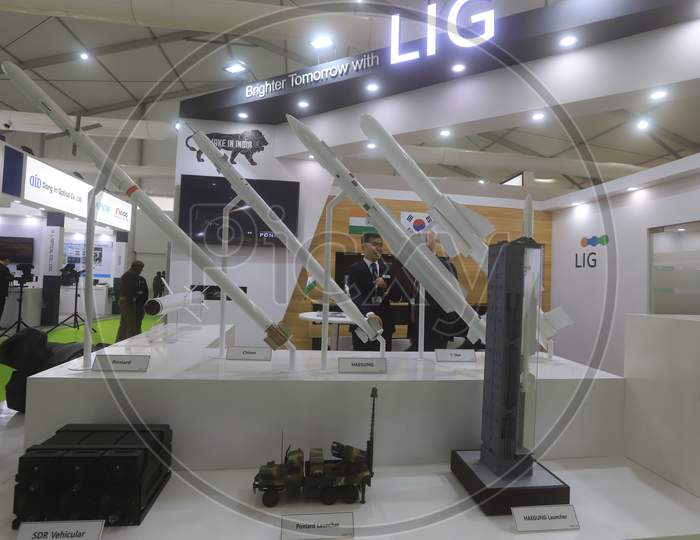 Communication and Surface Missiles Built by LIG Under Make In India Project In Display At  Defence  Expo a Flagship Event DefExpo 2020 By Ministry Of Defence ,Government Of India At Lucknow, Uttar Pradesh