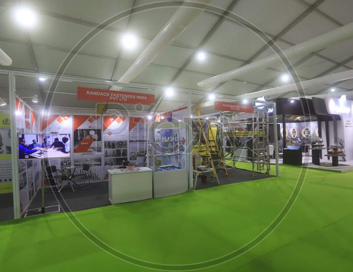 Stalls With Missiles And Communication Models in Display At Defence  Expo a Flagship Event DefExpo 2020 By Ministry Of Defence ,Government Of India At Lucknow, Uttar Pradesh