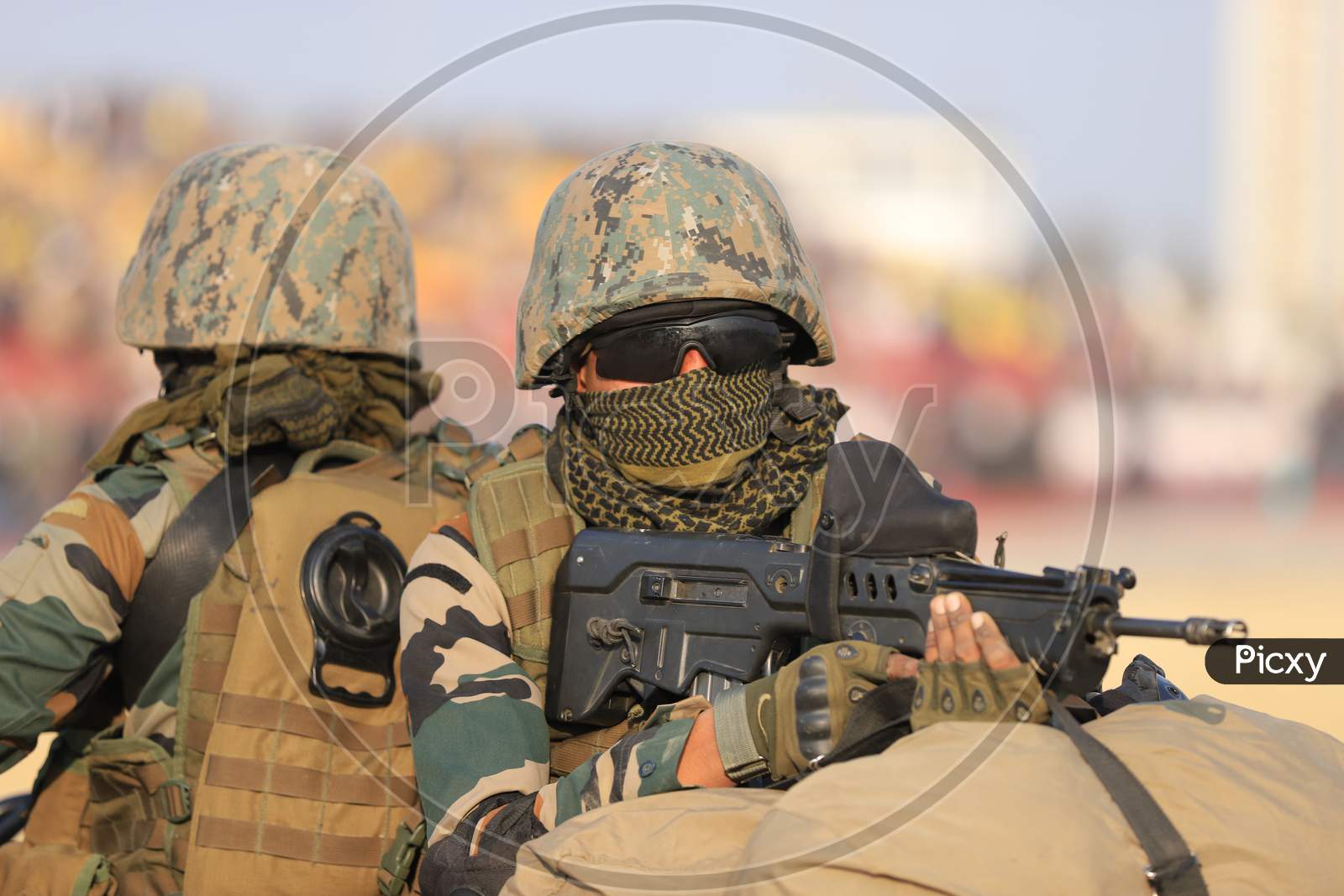 Indian Military  Or Indian Army Soldiers With Combat Ammunition At Defence Expo Event DefExpo 2020 in Lucknow , Uttar Pradesh