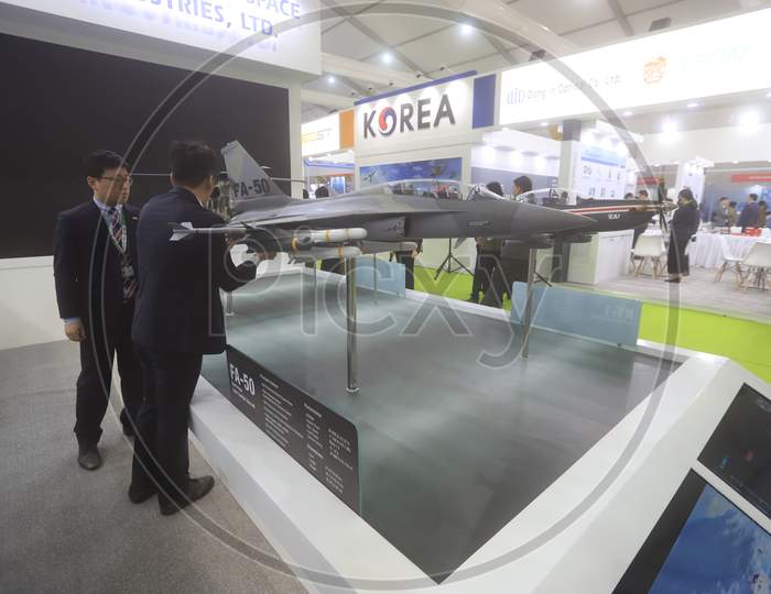 Fighter Jet Models In Display by Korea Aerospace Industries Limited  KAI  At  Defence  Expo a Flagship Event DefExpo 2020 By Ministry Of Defence ,Government Of India At Lucknow, Uttar Pradesh